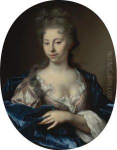 Portrait Of A Lady, Half Length, Wearing A Pink Dress With A Bluewrap by Arnold Boonen