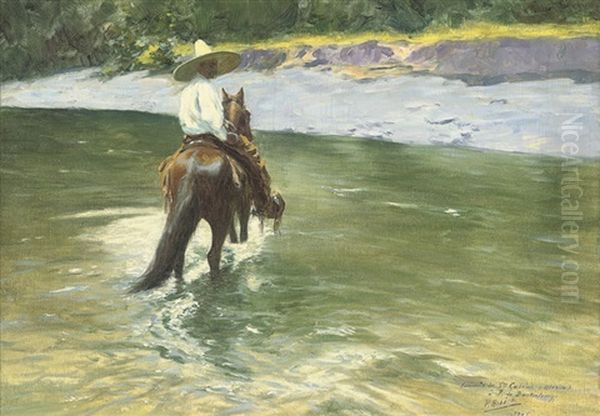A Mexican Riding Across A River - view 1