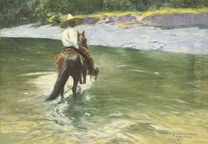 A Mexican Riding Across A River A Mexican Riding Across A River