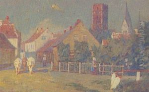 Byparti Med Okseforspand Og Personer, Over Byen Stikker Kirkespir Og Tarne by Hilmar Riberholt