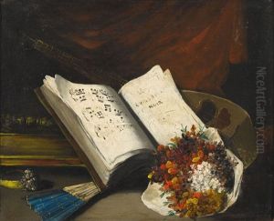 Stillleben Mit Notenbuch, Laute Und Blumenstrauss
