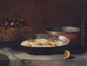 A Still Life With Eggs, Plums And A Lemon, On A Draped Ledge by Germain Theodure Clement Ribot