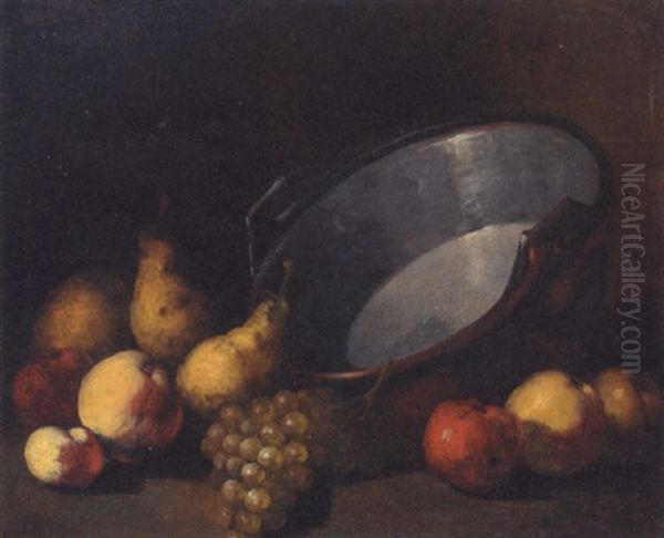 Pears, Apples And Grapes Alongside A Cauldron - view 1