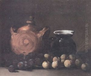 A Still Life With Plums, A Ceramic Jug And Another Vessel by Germain Theodure Clement Ribot