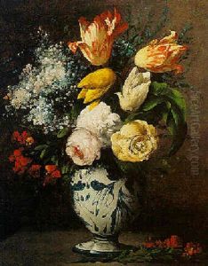 Tulips, Peonies And Other Flowers In A Porcelain Vase by Germain Theodure Clement Ribot