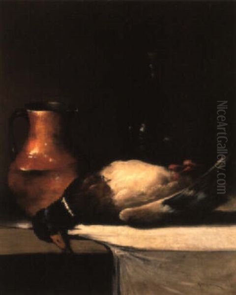 Un Canard Mort, Une Cruche Et Une Bouteille Poses Sur Un Rebord - view 1