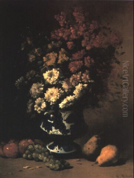 Still Life With Flowers And Fruit by Germain Theodure Clement Ribot