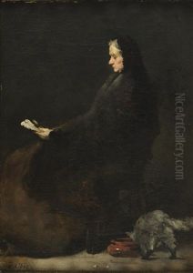 Portrait Of A Lady, Seated On A Chair Reading A Document With A At Drinking From A Terracotta Bowl In The Foreground