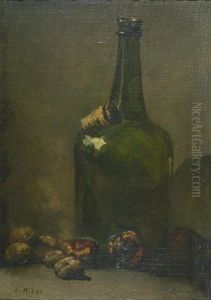 Stillleben Mit Gruner Flasche Und Fruchten