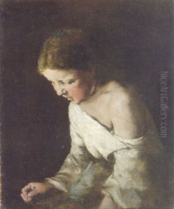 Young Girl Sewing by Theodule Augustine Ribot