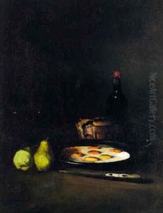 Nature Morte Aux Oeufs Poches, Deux Poires, Un Pate, Une Bouteille De Vin, Et Un Couteau