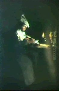 Young Cook Writing By Candlelight by Theodule Augustine Ribot