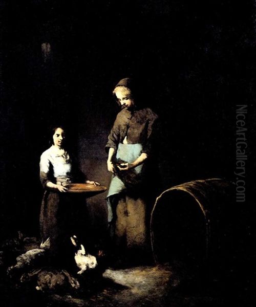 Young Peasant Girls Feeding Barnyard Animals - view 1
