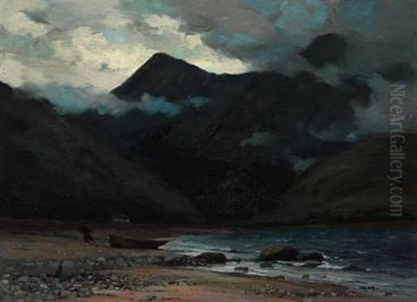 A Man Pulls His Boat Up On The Beach At Late Evening - view 1