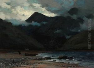 A Man Pulls His Boat Up On The Beach At Late Evening