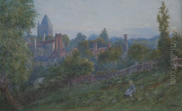 A Girl With Rabbits In A Field Near A Village - view 1