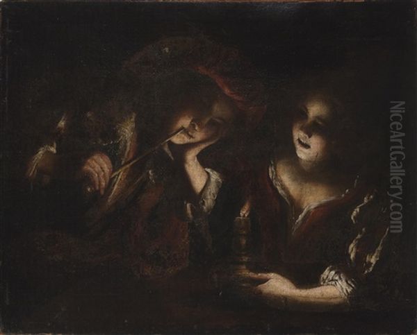 A Man Smoking A Pipe And A Woman Holding A Candle - view 1