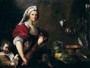 A Maidservent With A Boy In A Larder, A Still Life Of Artichokes, Lemons And Other Kitchen Equipment On A Table