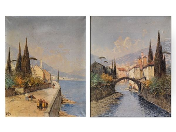 Blick Von Einer Befestigten Uferstrase Am Westufer Des Gardasees (+ Ein Italienisches Dorf Mit Blick Vom Flussufer, Der Zum See Fuhrt; Pair) - view 1