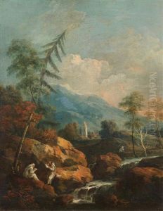A Mountainous River Landscape With Carthusian Monks Studying In The Foreground