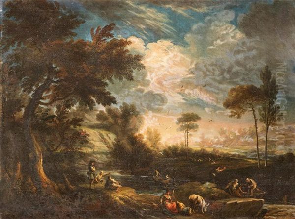 An Extensive River Landscape With Fishermen Resting On The Banks - view 1