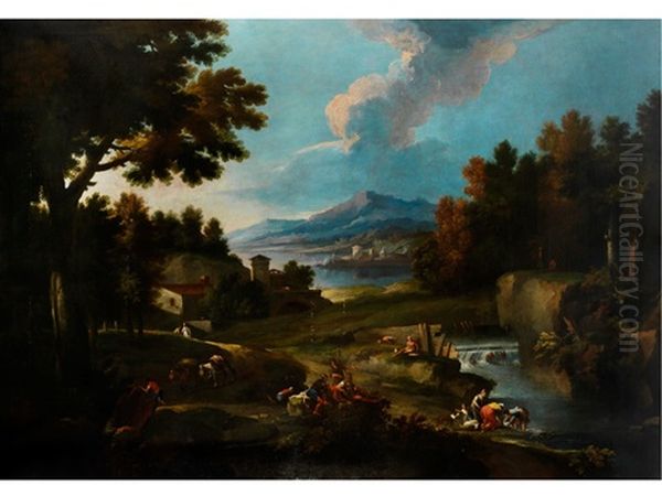 Grosse Landschaft Mit Fluss, Figuren Und Gebauden Vor Einem See Im Hintergrund - view 1