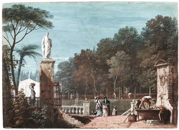 Elegant Company In A Park: A Fountain To The Right Foreground And A Palladian Building In The Background - view 1