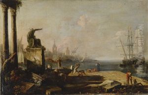 A Capriccio Of A Harbor At Dawn, With Fisherman Working In The Foreground, A Statue And Ruins To The Left, And A Cityscape Beyond by Marco Ricci