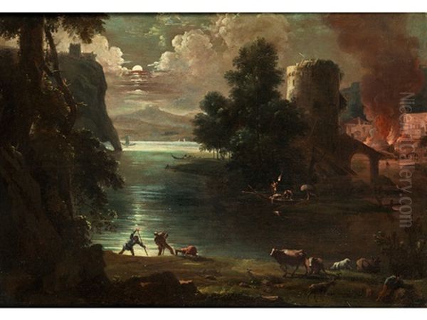 Landschaft Mit Figuren Und Einem Brand Im Hintergrund - view 1