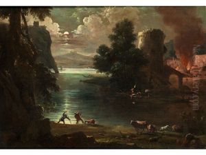 Landschaft Mit Figuren Und Einem Brand Im Hintergrund
