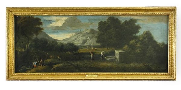 Figures And Cattle In A Hilly Landscape With Fishermen In The Left Foreground - view 1