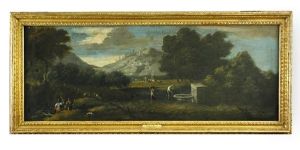 Figures And Cattle In A Hilly Landscape With Fishermen In The Left Foreground