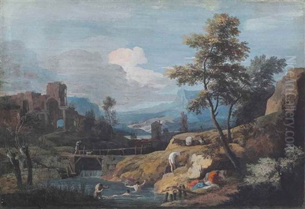Bathers In A Mountain Landscape, With Classical Ruins And A Footbridge - view 1