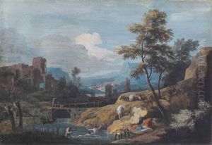 Bathers In A Mountain Landscape, With Classical Ruins And A Footbridge