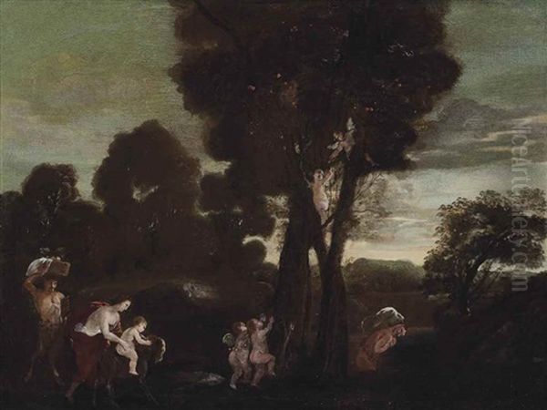 A Wooded Landscape With Satyrs And Cherubs Picking Fruits From Trees - view 1