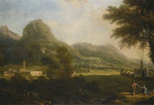 A Mountainous Landscape With A Walled Town At The Left