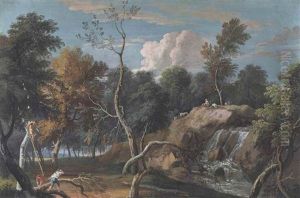 A Wooded Landscape With Woodmen And Shepherds Near A Waterfall A Wooded Landscape With Woodmen And Shepherds Near A Waterfall