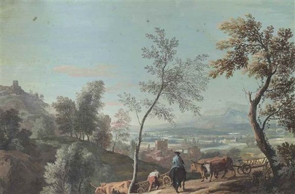 An Extensive River Landscape With A Drover And A Traveller In The Foreground - view 1