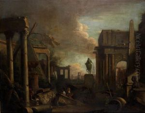 Soldiers And Other Figures Amongst Architectural Ruins by Marco Ricci
