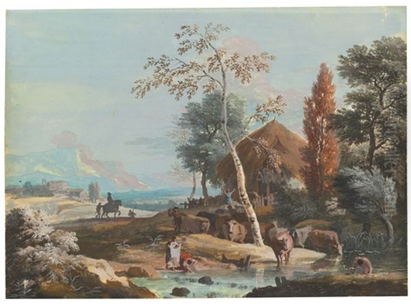A Landscape With Washerwomen And A Man Bathing On A River Near A Thatched Cottage - view 1