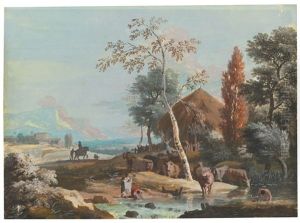 A Landscape With Washerwomen And A Man Bathing On A River Near A Thatched Cottage by Marco Ricci
