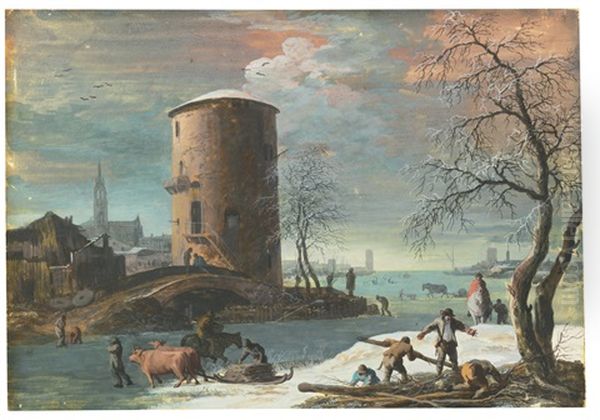 A Winter Landscape With Men Gathering Timber Near A Tower Along A Frozen Estuary - view 1