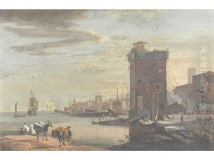 An Italianate River Landscape, With Drovers Watering Their Herd (+ And An Italianate Coastal Landscape, With Travellers By A Harbour; Pair) by Marco Ricci