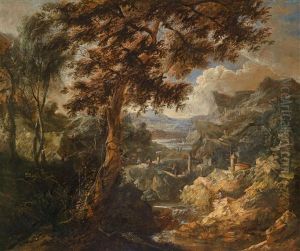 Gebirgige Flusslandschaft Mit Figuren by Marco Ricci