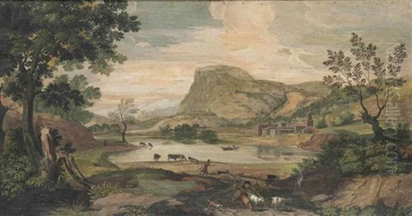 An Extensive Italianate Landscape With A Herdsman And Goats On A Path In The Foreground, A Lake And Village Before A Mountain Beyond - view 1