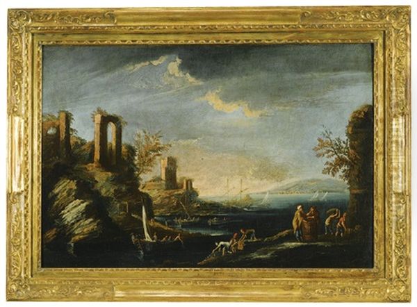 An Inlet With Travellers On Camels, Horses And Donkeys With Cows, Goats And Dogs, A Hilly Landscape With Travellers On Camels And Horses, A Shepherd On The Hillside Above And A Landscape With Fishermen In Boats And On The Shore, Ruins On The Hillside Abov - view 1