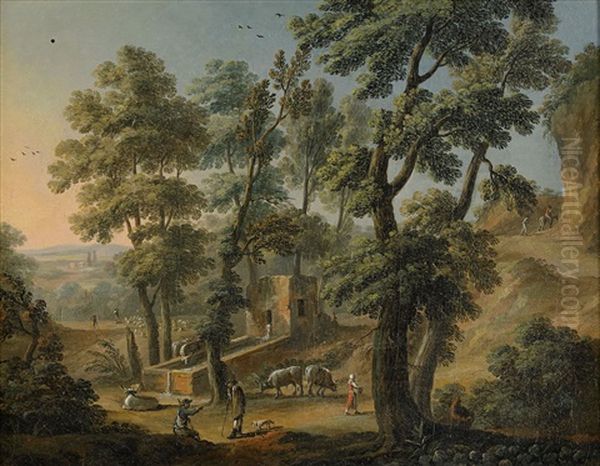 Klassiskt Landskap Med Figurer Och Boskap Vid En Fontan - view 1