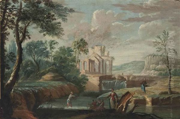 An Extensive River Landscape With Anglers On The Shore, Classical Ruins Beyond - view 1