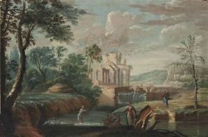 An Extensive River Landscape With Anglers On The Shore, Classical Ruins Beyond by Marco Ricci