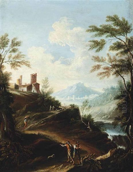A Wooded River Landscape With Peasants On A Track, A Villa Beyond - view 1